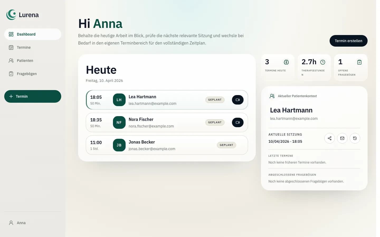 Lurena Dashboard Übersicht