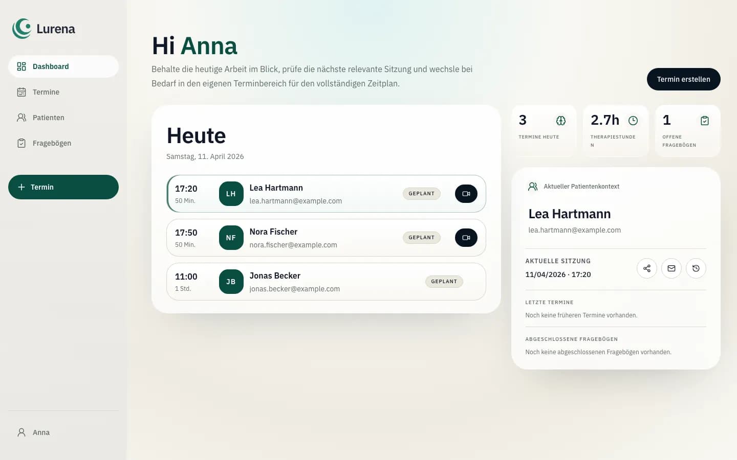 Therapeutischer Sitzungszugang im Lurena Dashboard