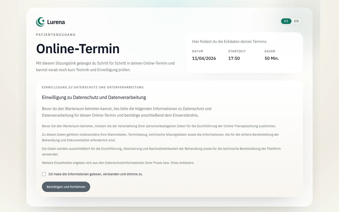Einwilligungsseite für Patient:innen in Lurena