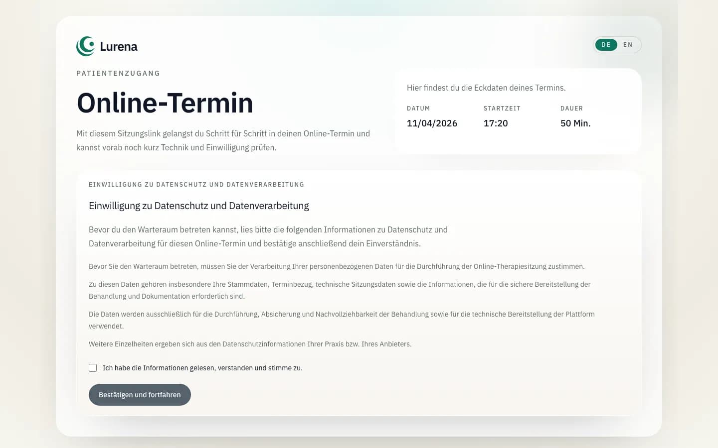 Patienteneinstieg in Lurena vor der Videositzung
