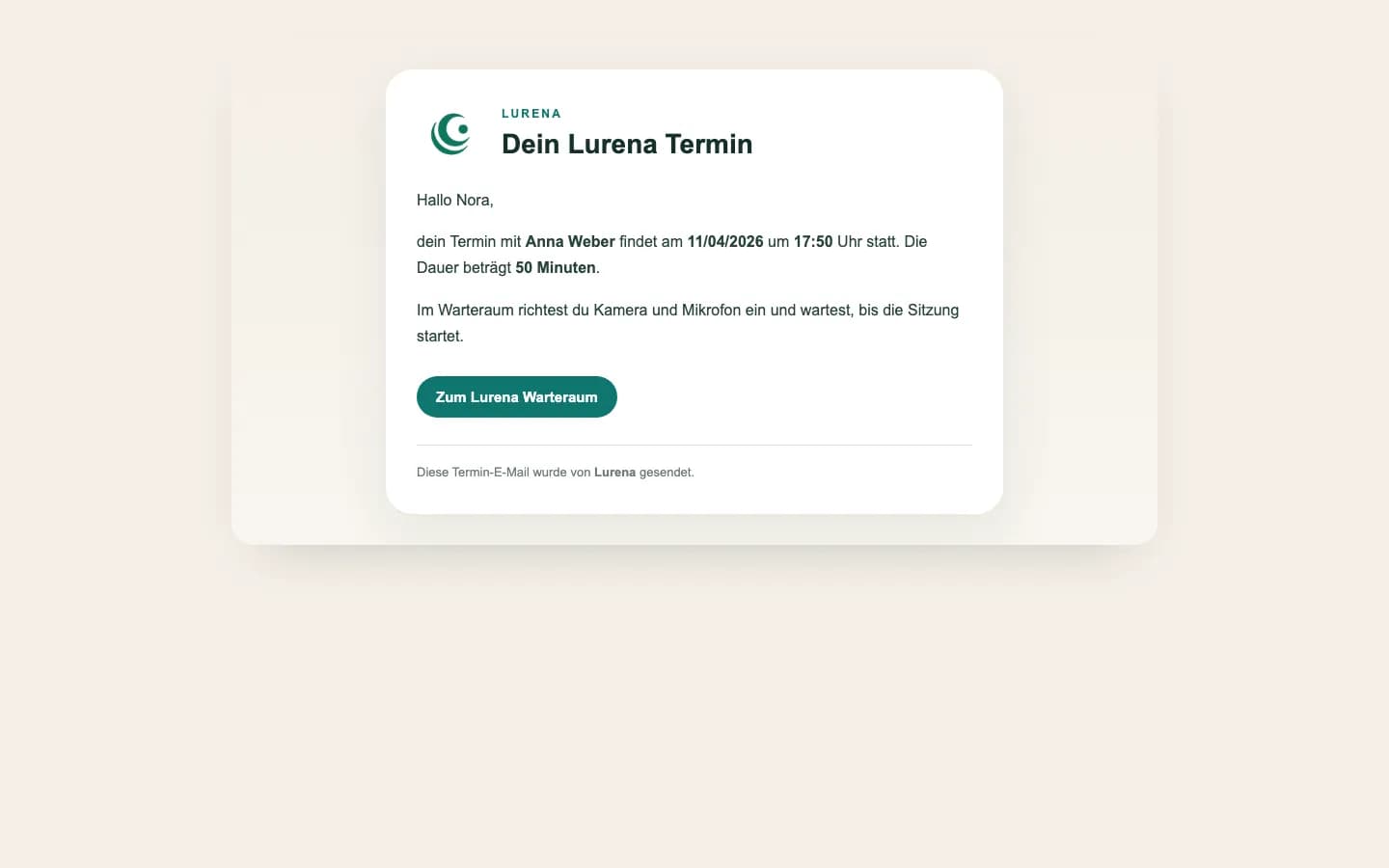 Einladungs-E-Mail für eine Lurena Sitzung