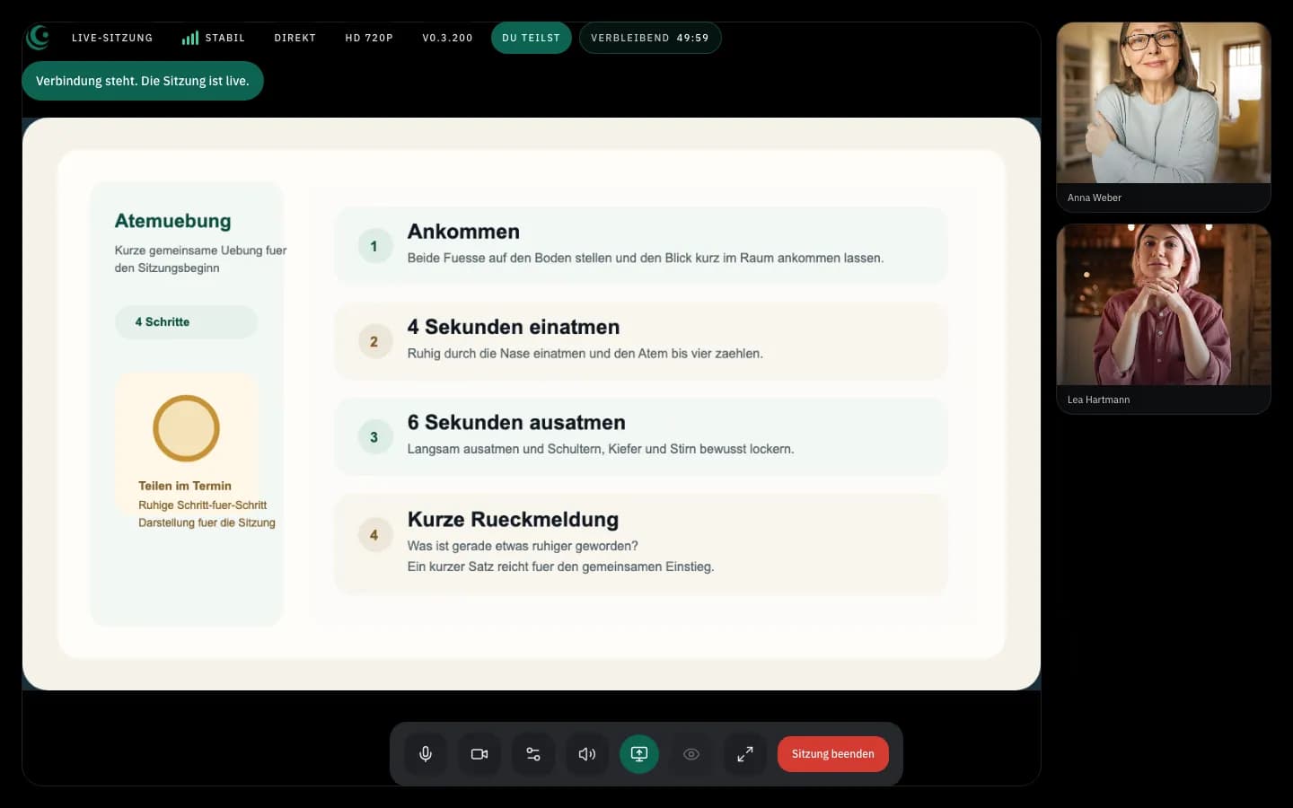 Bildschirmfreigabe in einer laufenden Lurena Sitzung