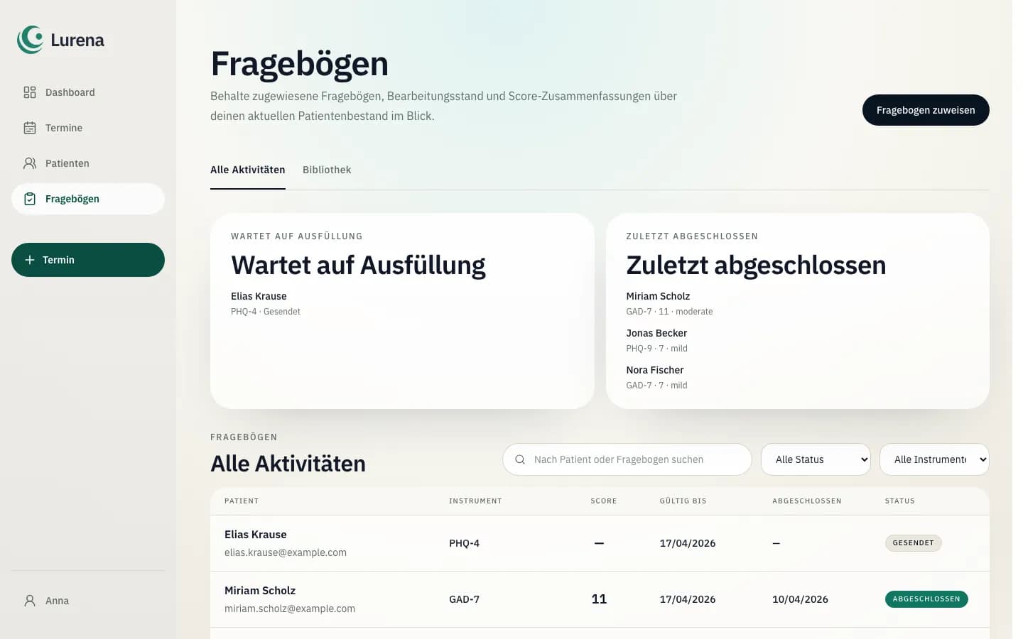 Lurena Fragebogenübersicht