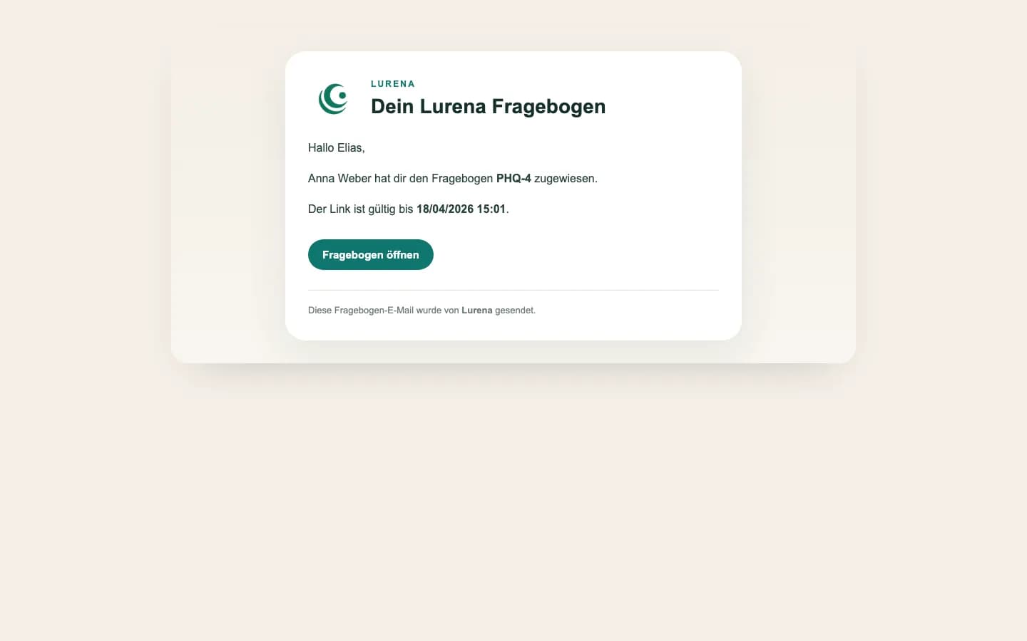 Fragebogen-E-Mail mit Zugangslink in Lurena