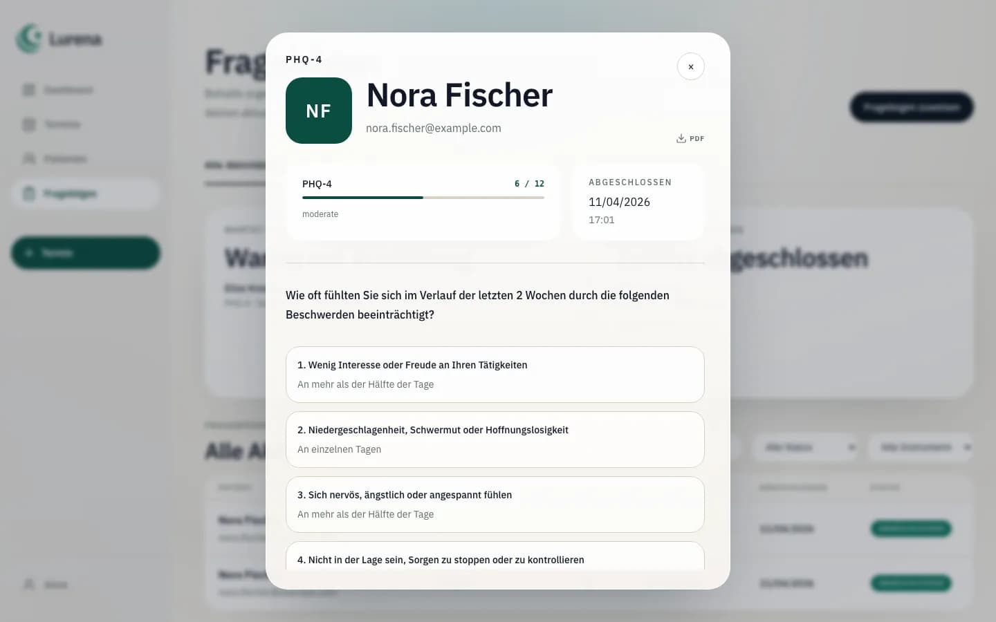 Fragebogenergebnisse in einer Detailansicht in Lurena