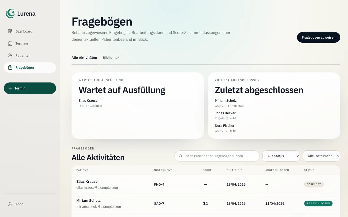 Assessment-Bibliothek und Zuweisung in Lurena